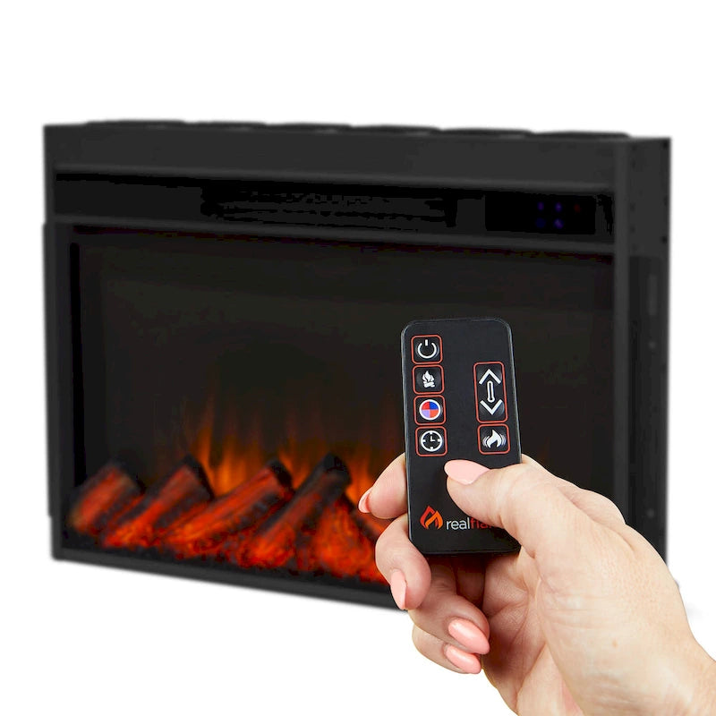 Meuble TV avec cheminée électrique fine Kenai 72 en chêne foncé par Real Flame