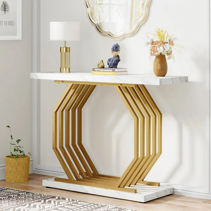 Console dorée, table d'entrée effet marbre, table d'appoint étroite, table d'appoint moderne de 101,6 cm (40 pouces) avec piètement géométrique en métal
