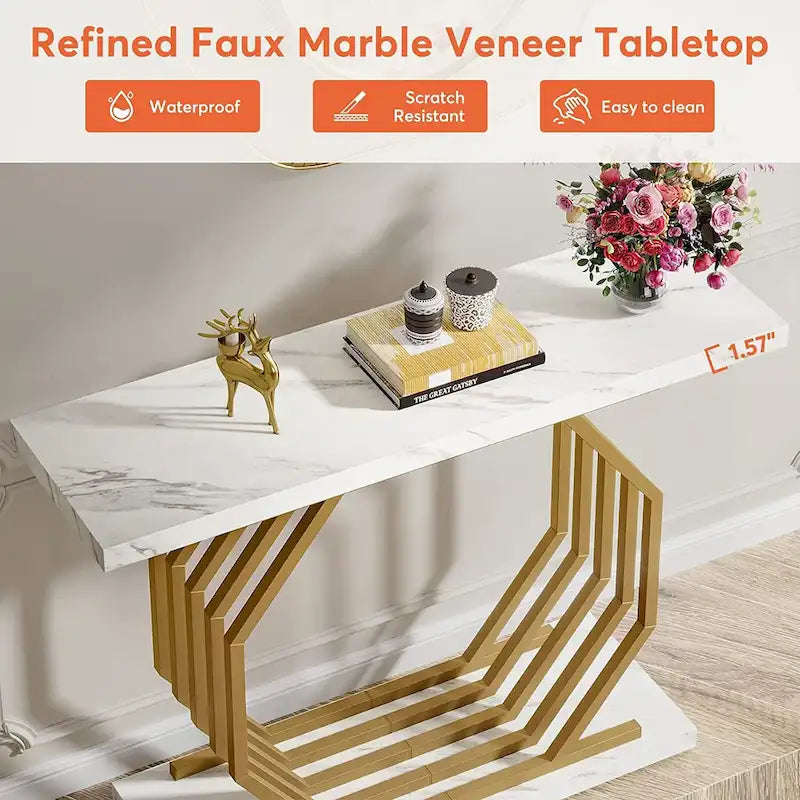 Console dorée, table d'entrée effet marbre, table d'appoint étroite, table d'appoint moderne de 101,6 cm (40 pouces) avec piètement géométrique en métal