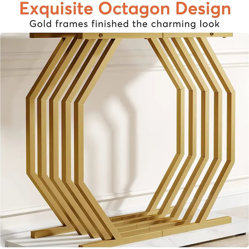 Console dorée, table d'entrée effet marbre, table d'appoint étroite, table d'appoint moderne de 101,6 cm (40 pouces) avec piètement géométrique en métal