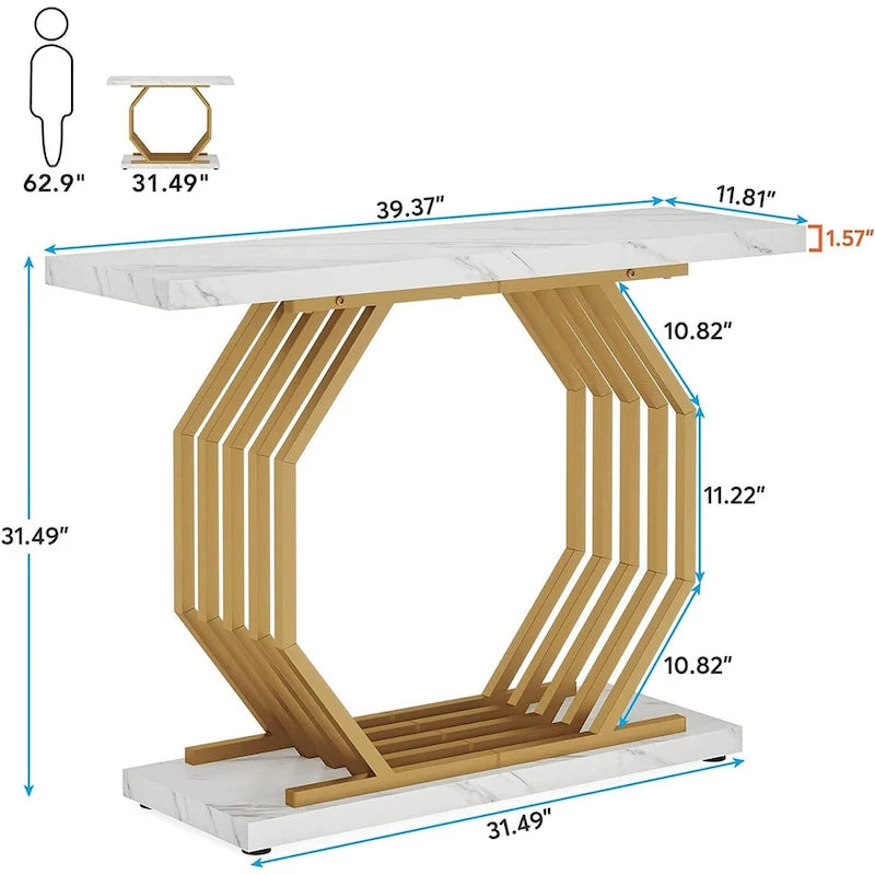Console dorée, table d'entrée effet marbre, table d'appoint étroite, table d'appoint moderne de 101,6 cm (40 pouces) avec piètement géométrique en métal