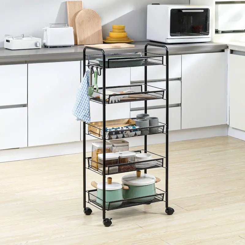 Chariot utilitaire à roulettes HOMCOM à 5 niveaux, chariot de rangement en métal, chariot de cuisine avec paniers en filet amovibles, noir