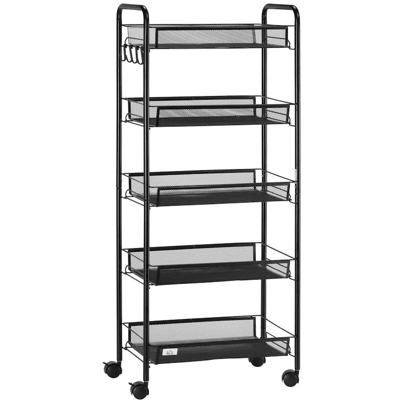 Chariot utilitaire à roulettes HOMCOM à 5 niveaux, chariot de rangement en métal, chariot de cuisine avec paniers en filet amovibles, noir