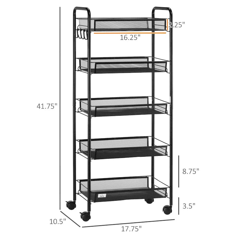 Chariot utilitaire à roulettes HOMCOM à 5 niveaux, chariot de rangement en métal, chariot de cuisine avec paniers en filet amovibles, noir