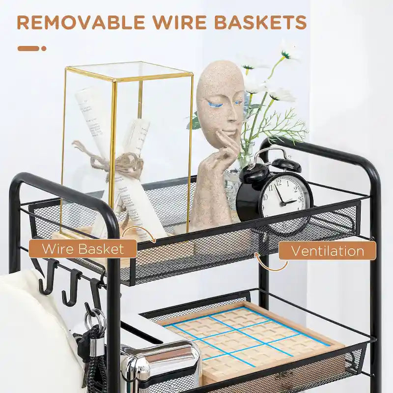 Chariot utilitaire à roulettes HOMCOM à 5 niveaux, chariot de rangement en métal, chariot de cuisine avec paniers en filet amovibles, noir