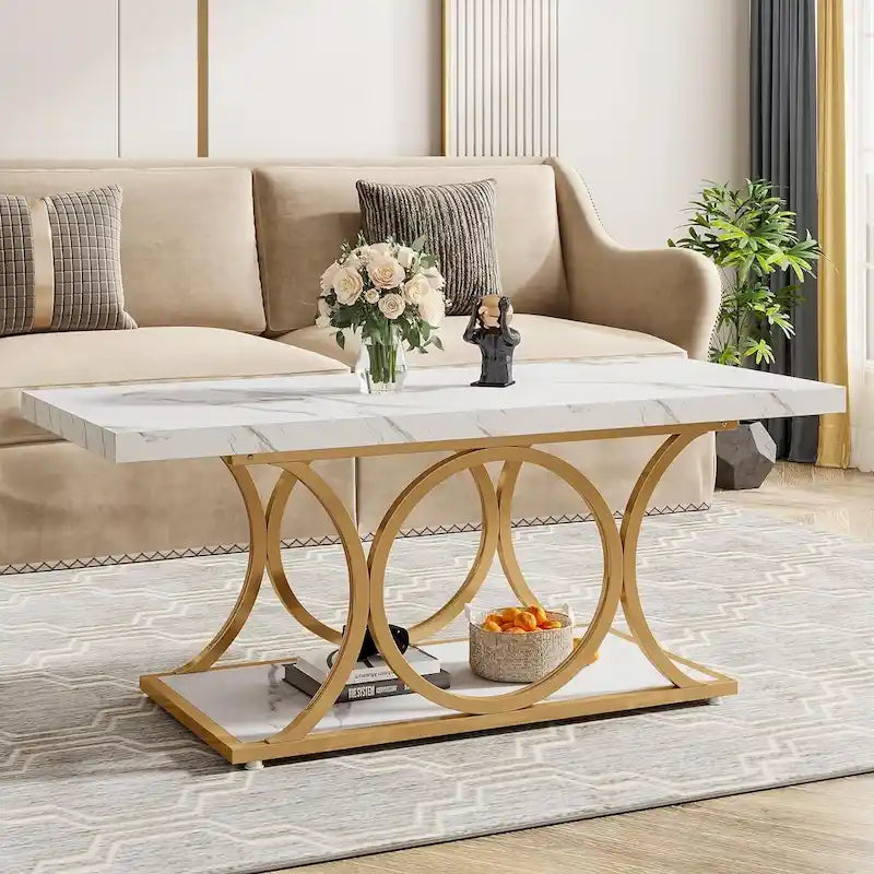 Table basse rectangulaire de 120 cm (47,24 pouces), tables basses modernes à 2 niveaux en faux marbre