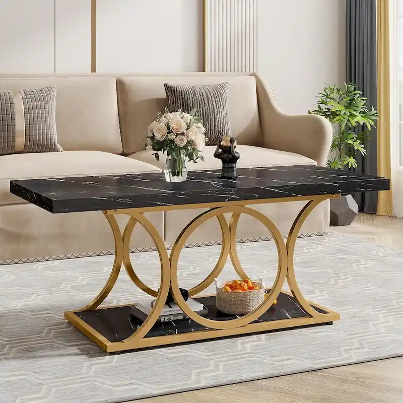 Table basse rectangulaire de 120 cm (47,24 pouces), tables basses modernes à 2 niveaux en faux marbre