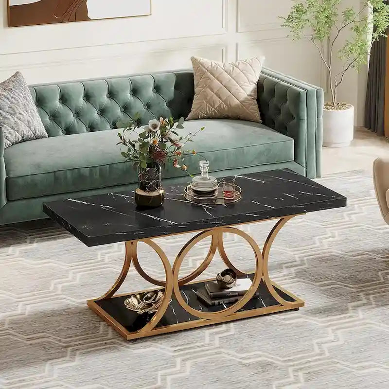 Table basse rectangulaire de 120 cm (47,24 pouces), tables basses modernes à 2 niveaux en faux marbre