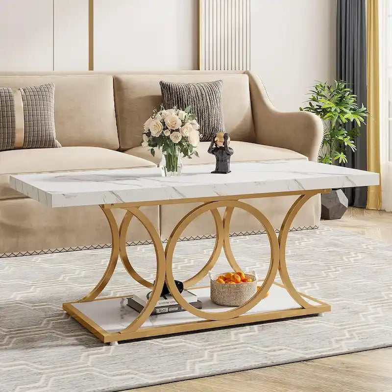 Table basse rectangulaire de 120 cm (47,24 pouces), tables basses modernes à 2 niveaux en faux marbre