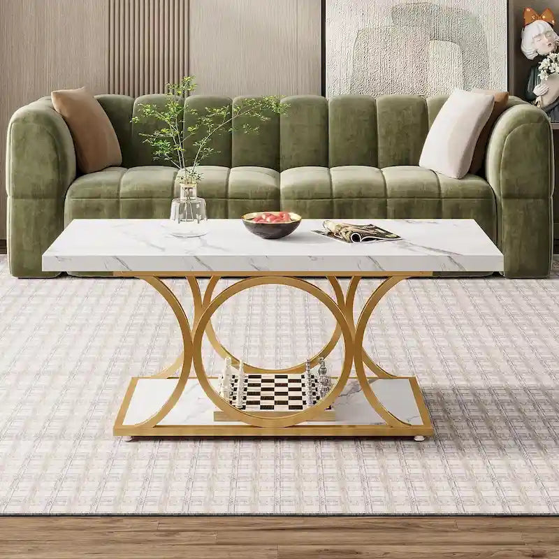Table basse rectangulaire de 120 cm (47,24 pouces), tables basses modernes à 2 niveaux en faux marbre