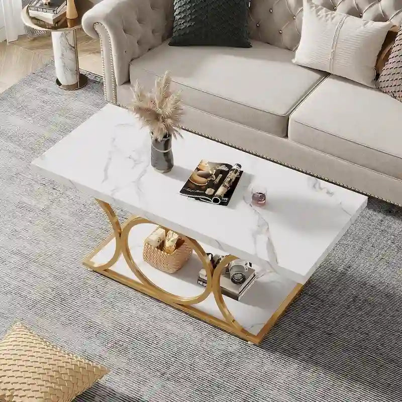 Table basse rectangulaire de 120 cm (47,24 pouces), tables basses modernes à 2 niveaux en faux marbre