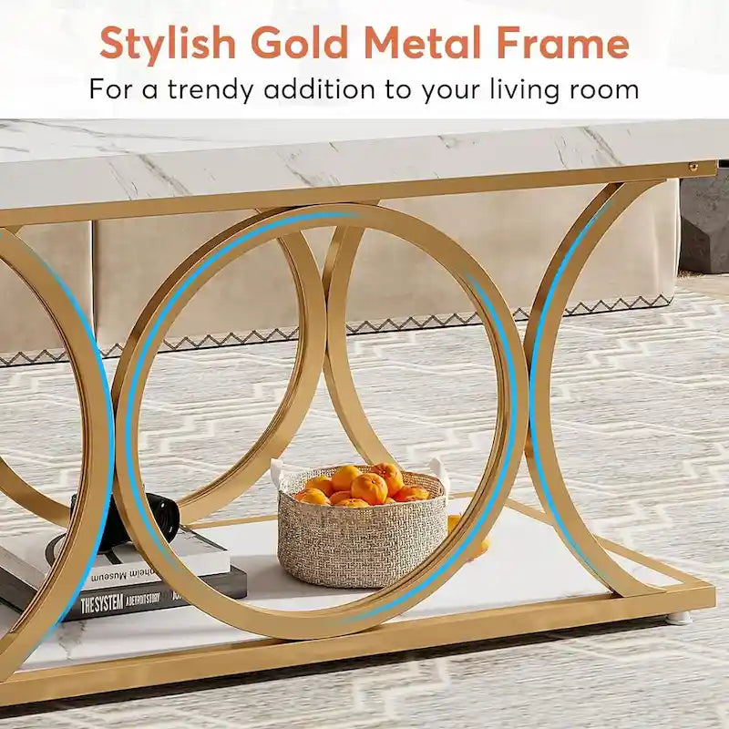 Table basse rectangulaire de 120 cm (47,24 pouces), tables basses modernes à 2 niveaux en faux marbre