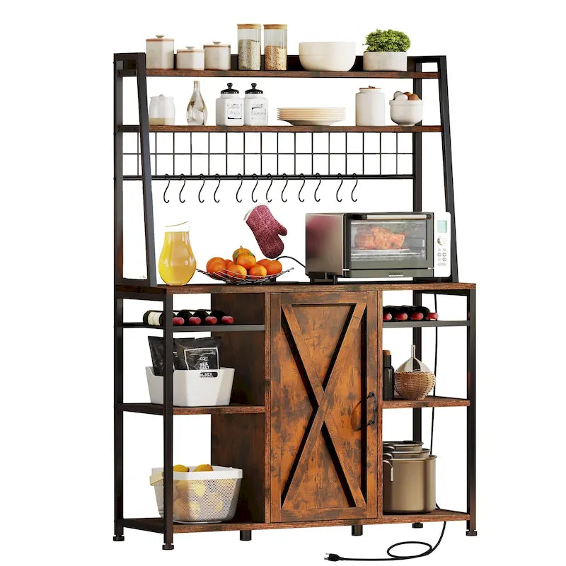 Étagère de cuisine Moasis à 5 niveaux avec prises électriques, ports USB, support pour micro-ondes avec porte et étagères
