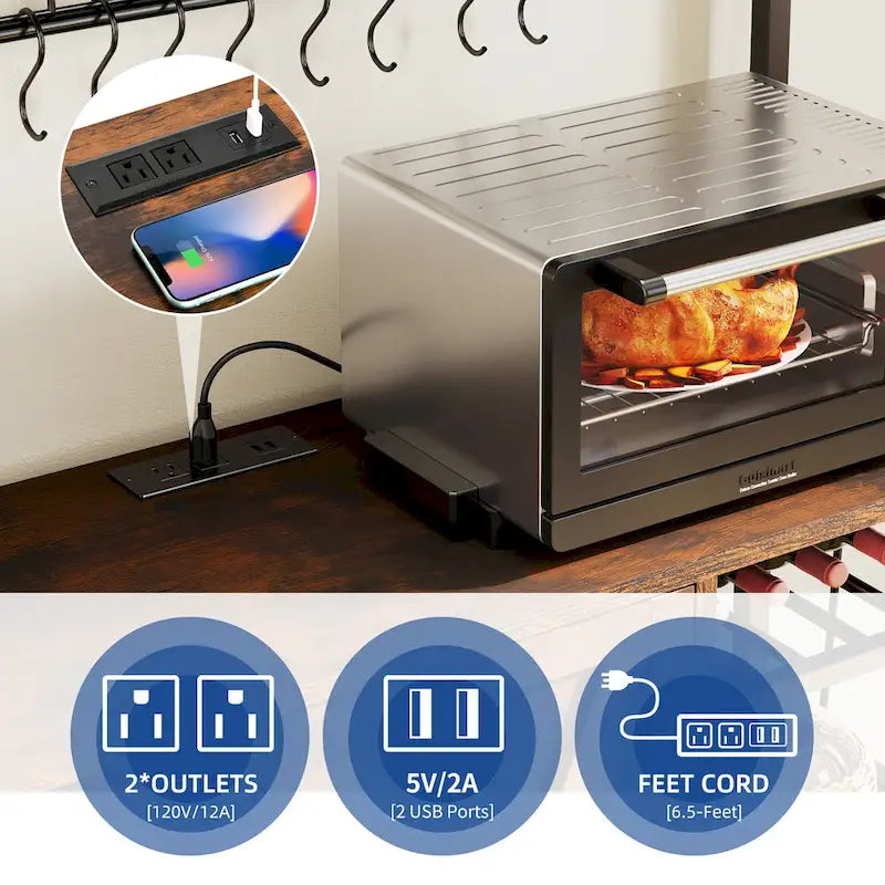 Étagère de cuisine Moasis à 5 niveaux avec prises électriques, ports USB, support pour micro-ondes avec porte et étagères
