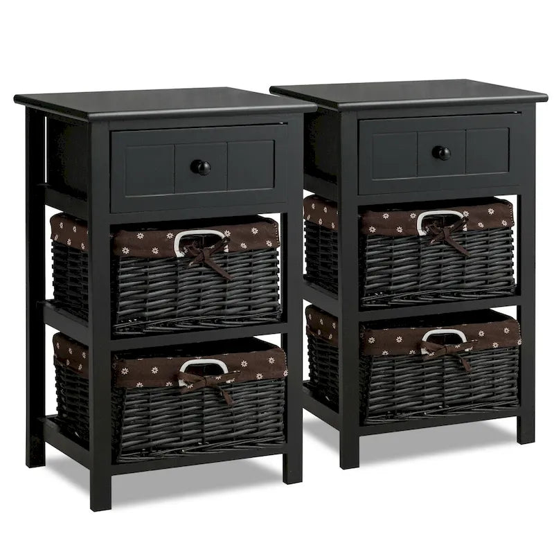 Ensemble de 2 tables de chevet en bois à 3 niveaux avec 2 paniers en osier et 1 tiroir - 16 x 12 x 25 (L x l x H)