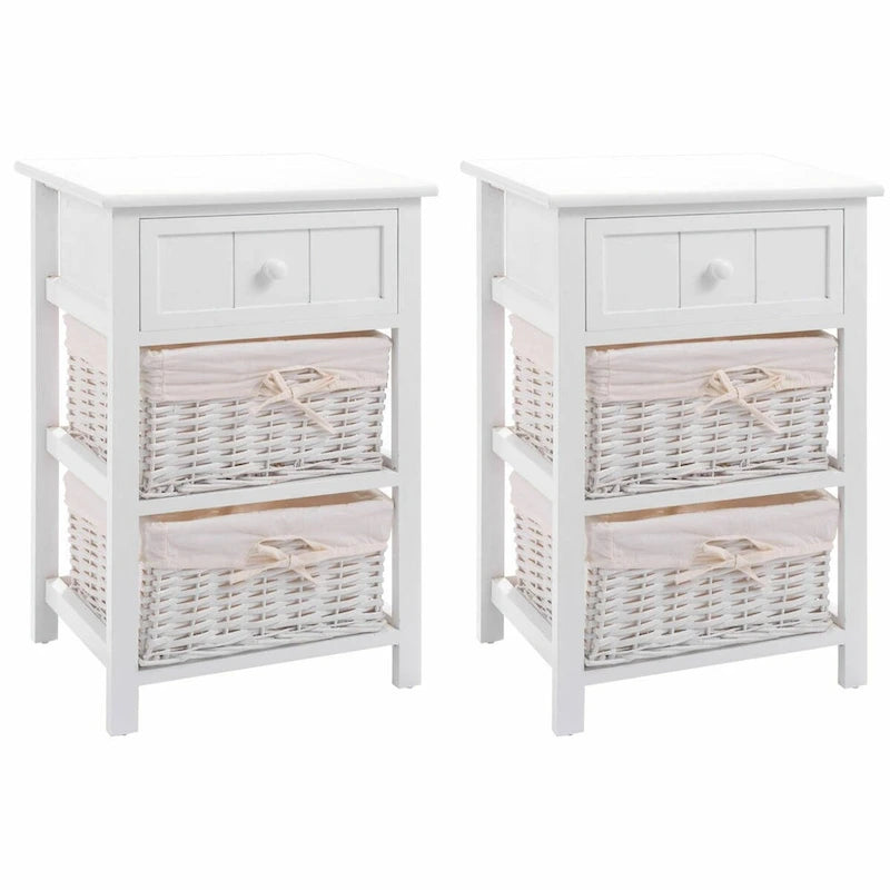 Ensemble de 2 tables de chevet en bois à 3 niveaux avec 2 paniers en osier et 1 tiroir - 16 x 12 x 25 (L x l x H)