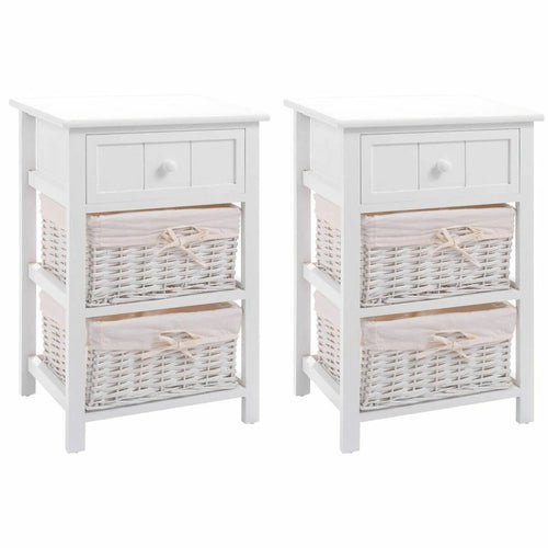 Ensemble de 2 tables de chevet en bois à 3 niveaux avec 2 paniers en osier et 1 tiroir - 16 x 12 x 25 (L x l x H)