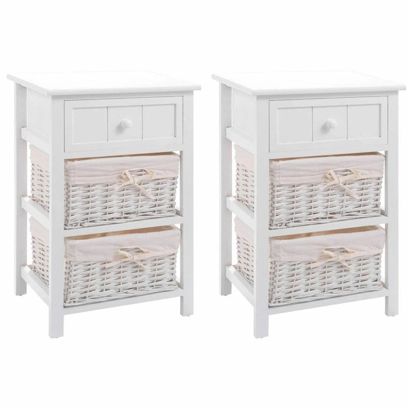 Ensemble de 2 tables de chevet en bois à 3 niveaux avec 2 paniers en osier et 1 tiroir - 16 x 12 x 25 (L x l x H)