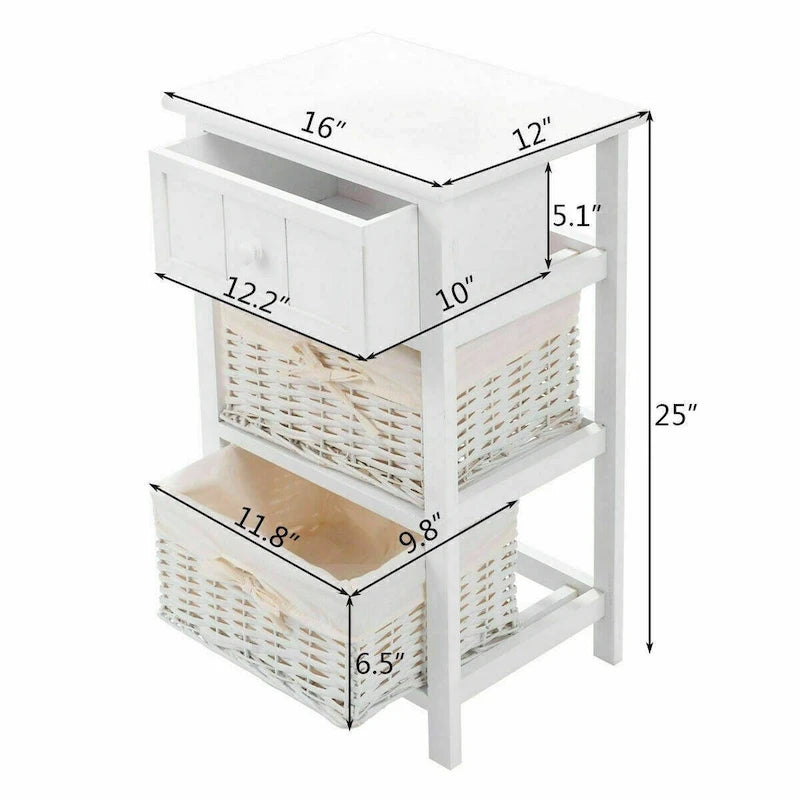 Ensemble de 2 tables de chevet en bois à 3 niveaux avec 2 paniers en osier et 1 tiroir - 16 x 12 x 25 (L x l x H)