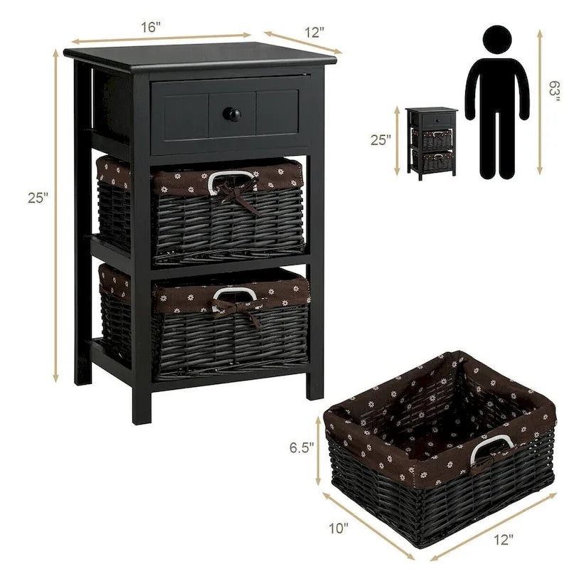 Ensemble de 2 tables de chevet en bois à 3 niveaux avec 2 paniers en osier et 1 tiroir - 16 x 12 x 25 (L x l x H)