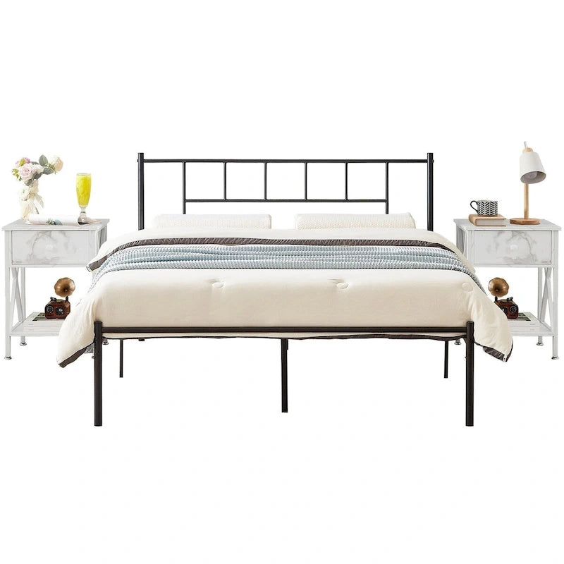 Ensemble de 2 cadres de lit VECELO 3 pièces avec tête de lit en bois et tables de chevet modernes