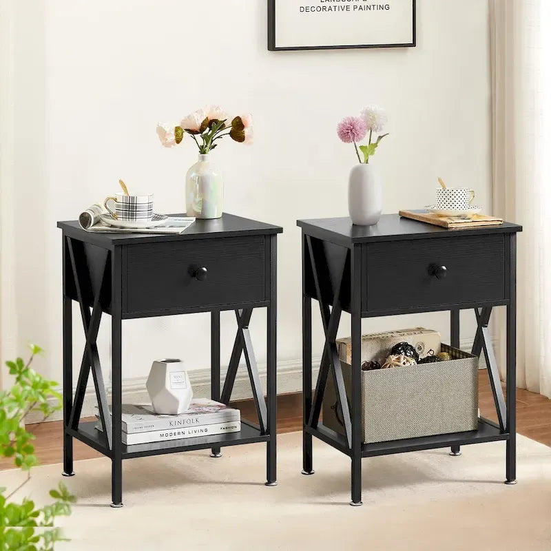 Ensemble de 2 cadres de lit VECELO 3 pièces avec tête de lit en bois et tables de chevet modernes