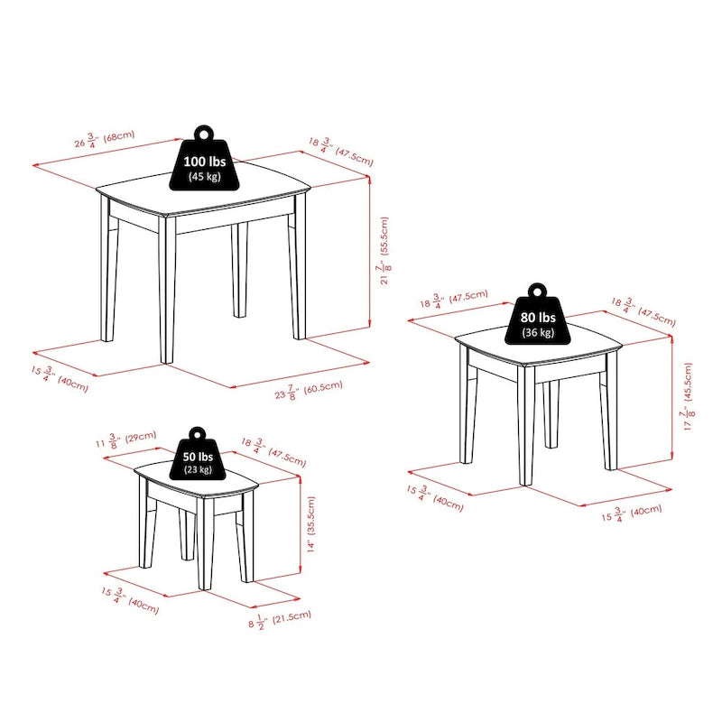 Ensemble de 3 tables gigognes Bradley, noyer - 26,8 x 18,7 x 21,9