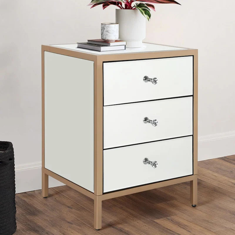 Commode/table de chevet moderne et contemporaine à 3 tiroirs et miroir de 45 cm de large