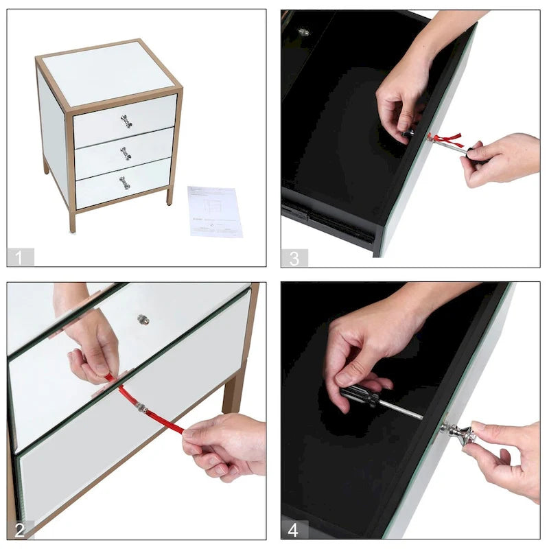 Commode/table de chevet moderne et contemporaine à 3 tiroirs et miroir de 45 cm de large