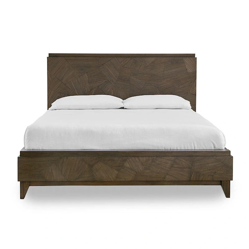 Lit Queen bas en bois d'acajou Dee, motif géométrique brun avoine