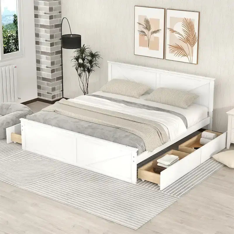 Lit plateforme King Size avec quatre tiroirs de rangement et pieds de soutien