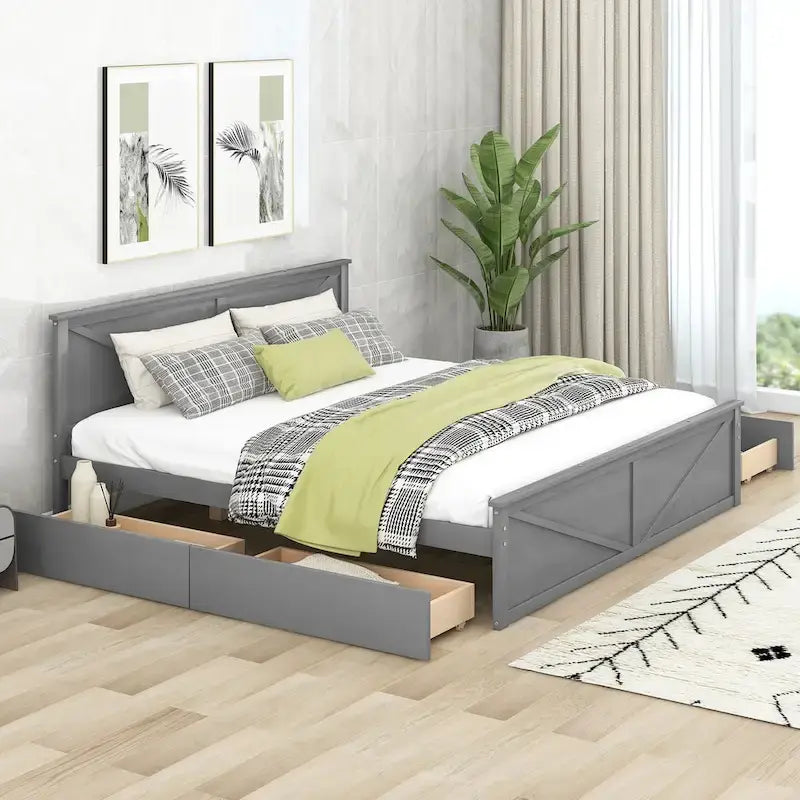 Lit plateforme King Size avec quatre tiroirs de rangement et pieds de soutien