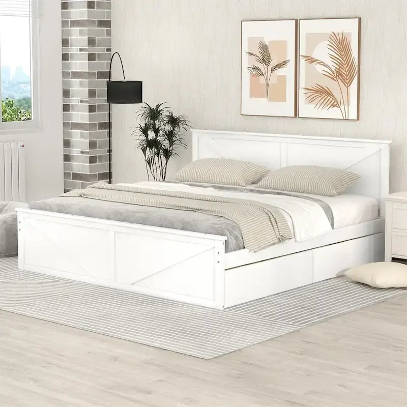 Lit plateforme King Size avec quatre tiroirs de rangement et pieds de soutien