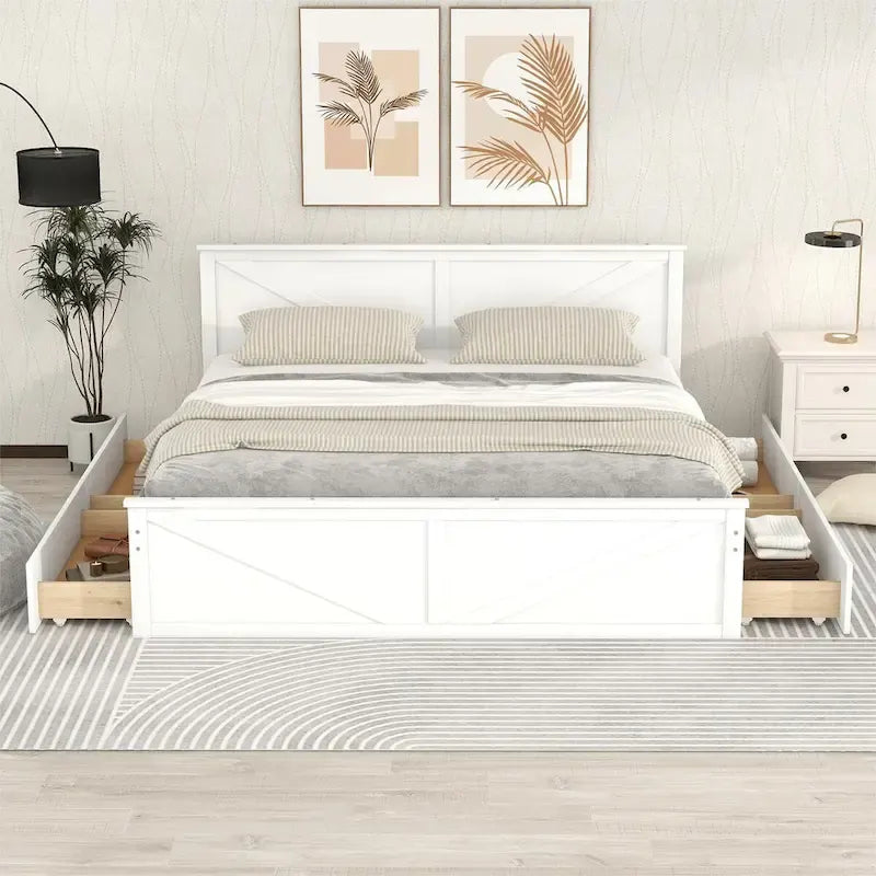 Lit plateforme King Size avec quatre tiroirs de rangement et pieds de soutien