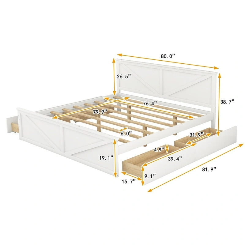 Lit plateforme King Size avec quatre tiroirs de rangement et pieds de soutien
