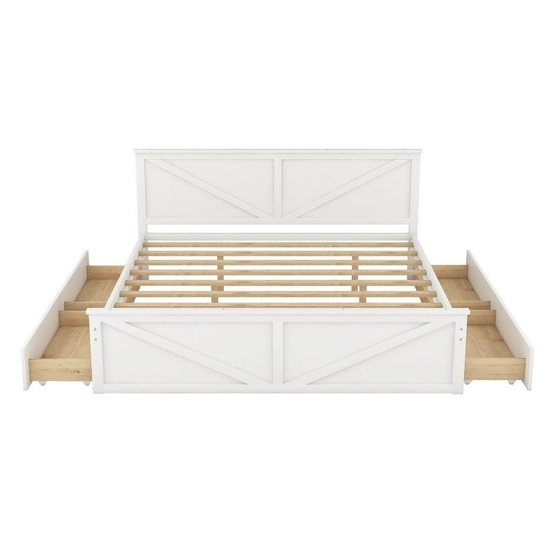 Lit plateforme King Size avec quatre tiroirs de rangement et pieds de soutien