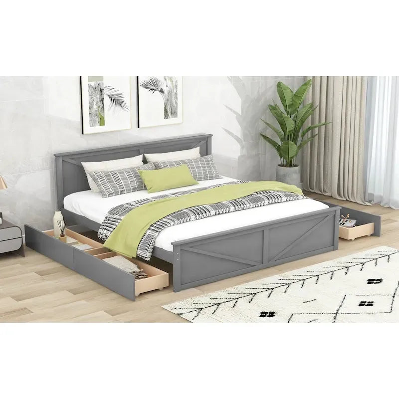 Lit plateforme King Size avec quatre tiroirs de rangement et pieds de soutien