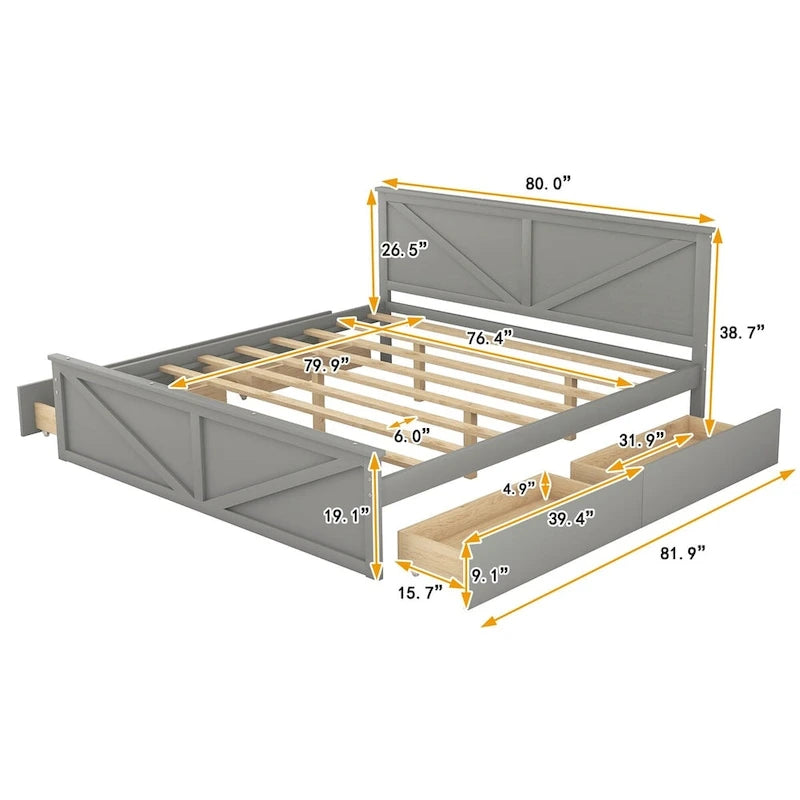 Lit plateforme King Size avec quatre tiroirs de rangement et pieds de soutien