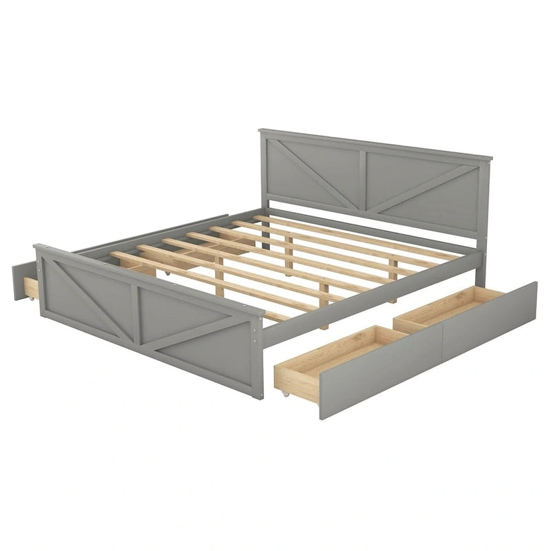 Lit plateforme King Size avec quatre tiroirs de rangement et pieds de soutien