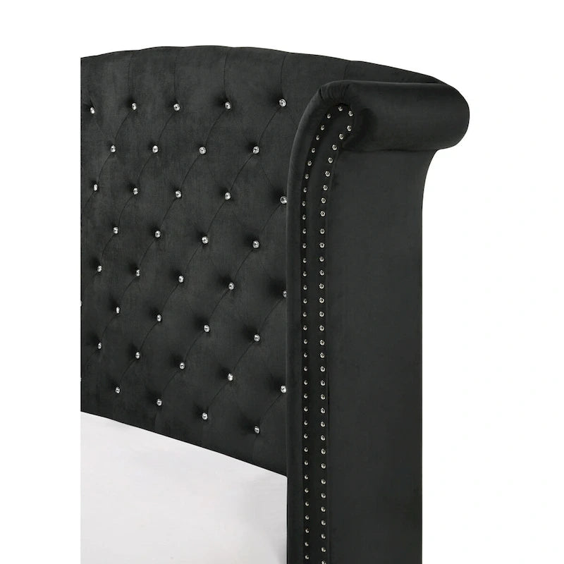 Lit Sheridan à oreilles en velours noir, capitonné, style king size