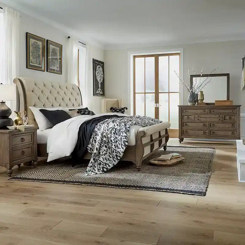 Americana Farmhouse Sleigh Bed, Dresser, Mirror, and Nightstand Bedroom Set