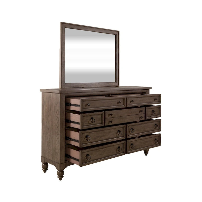 Ensemble de chambre à coucher style ferme américaine comprenant un lit traîneau, une commode, un miroir et une table de chevet