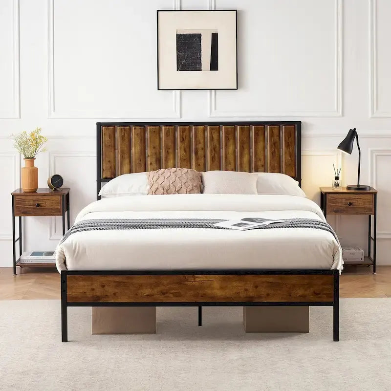 Platform Bed Frame, Rustic Vintage Wood Headboard
