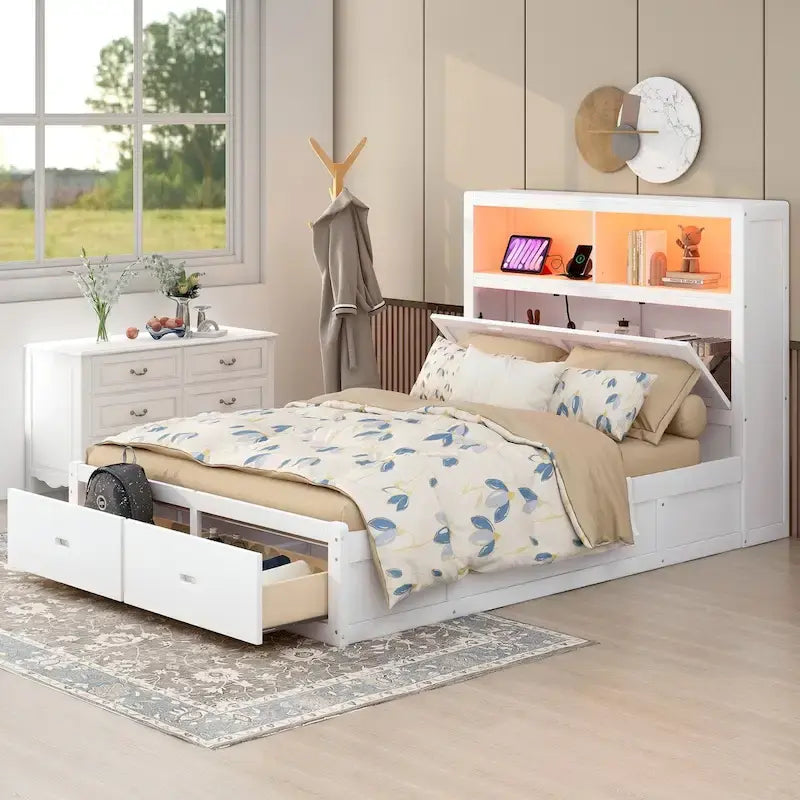 Lit plateforme hydraulique en bois Queen Size avec éclairage LED et station de recharge