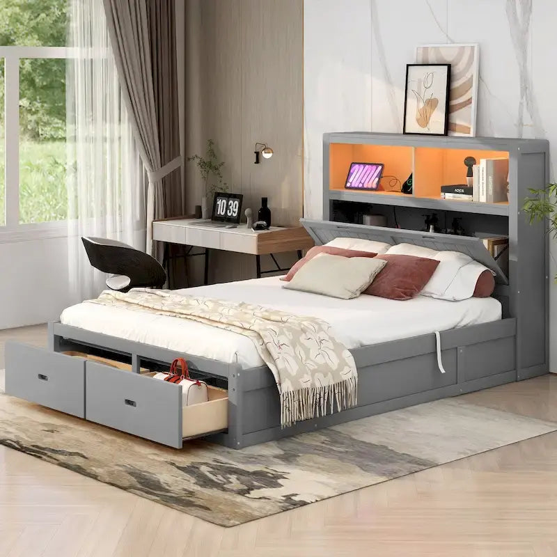 Lit plateforme hydraulique en bois Queen Size avec éclairage LED et station de recharge