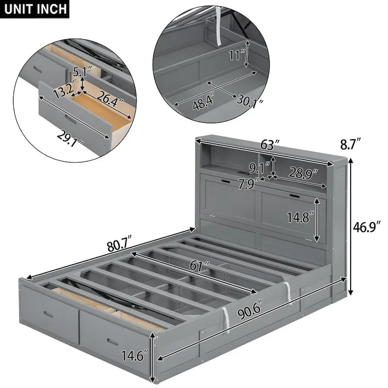 Lit plateforme hydraulique en bois Queen Size avec éclairage LED et station de recharge