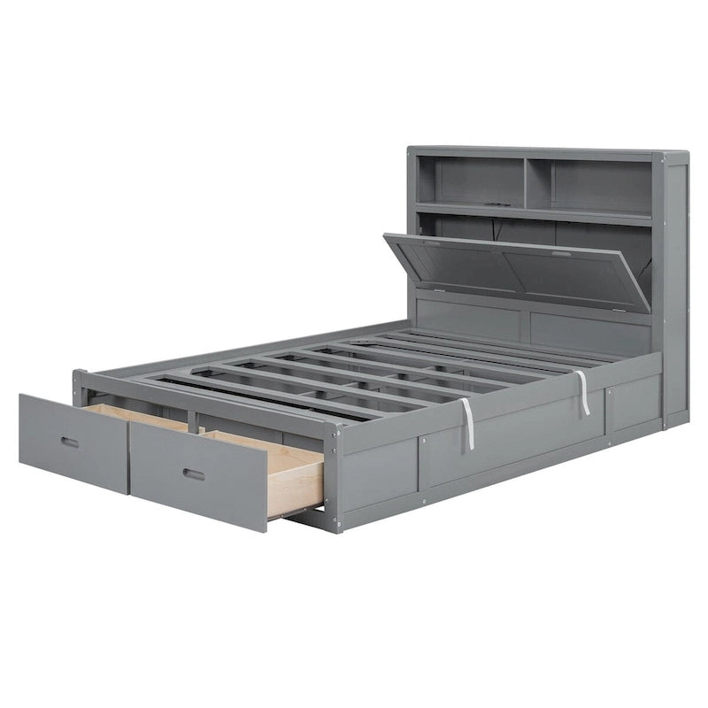 Lit plateforme hydraulique en bois Queen Size avec éclairage LED et station de recharge