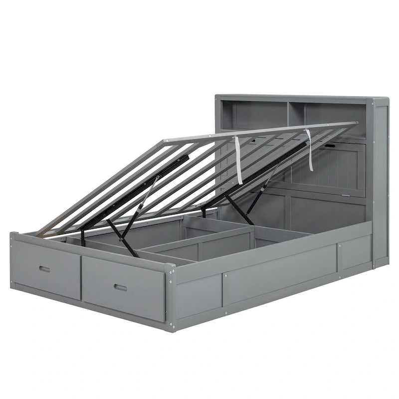 Lit plateforme hydraulique en bois Queen Size avec éclairage LED et station de recharge