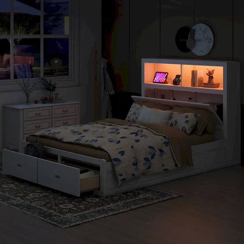 Lit plateforme hydraulique en bois Queen Size avec éclairage LED et station de recharge
