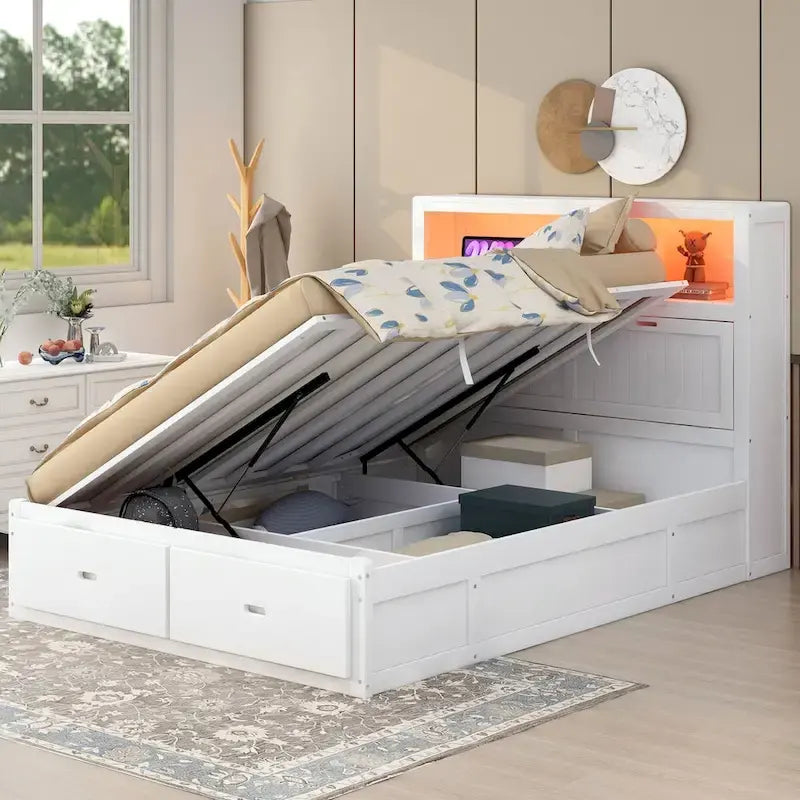 Lit plateforme hydraulique en bois Queen Size avec éclairage LED et station de recharge